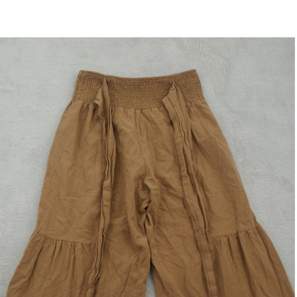 Womens Camel Brown Tiered Wide Leg Smocked Waist Boho Flowy Palazzo Pants Medium - Picture 10 of 10